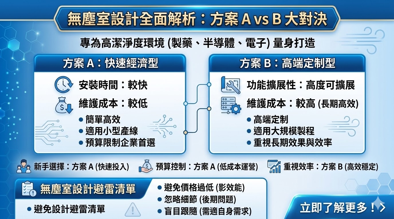 無塵室設計是專為需要高潔淨度環境的行業而設計的空間，廣泛應用於製藥、半導體、電子產品等領域。這類設計不僅需要達到嚴格的潔淨度標準，還需考量空間內的空氣流通、溫濕度控制和微粒過濾等技術要求。無塵室設計的目的是確保生產過程不受外部污染影響，從而提高產品品質並維持生產效率。選擇適合的無塵室設計方案，能夠有效提升企業運營效率並降低不必要的成本。