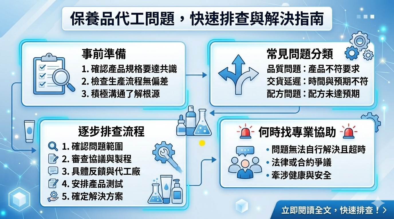 保養品代工是許多品牌和企業選擇的生產方式，它可以幫助企業節省時間與成本，並專注於品牌經營。然而，在保養品代工過程中，經常會遇到品質、交期或配方等各種問題。這篇文章將深入探討如何處理保養品代工中可能出現的各種問題，並提供具體的排查步驟與解決方案，幫助您快速解決代工過程中的困難。