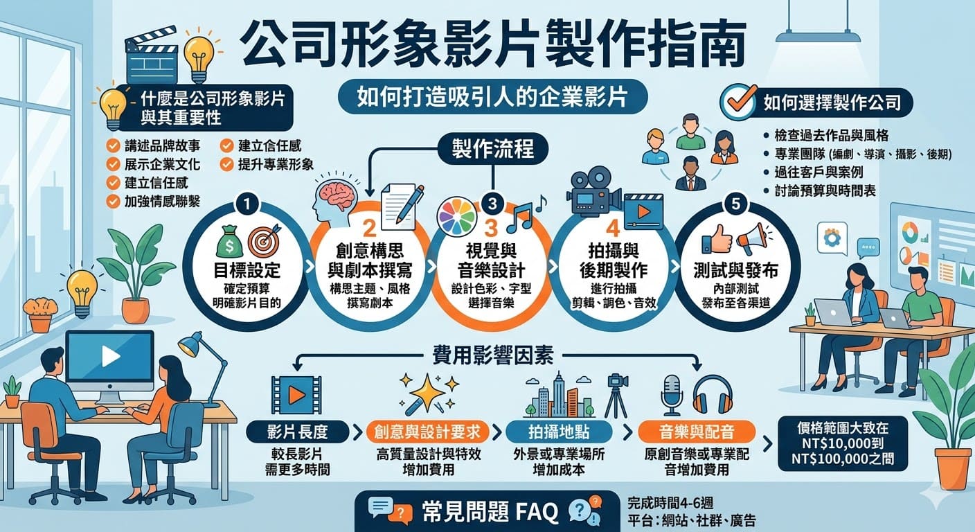 公司形象影片是提升企業品牌認知的重要工具，能夠有效傳遞品牌價值與文化，吸引更多客戶和投資者。製作公司形象影片時，不僅要注重影片內容的創意與表達，還要考慮其整體設計、音效以及影片的發布平台。本指南將詳細介紹公司形象影片的製作流程、選擇製作公司時的注意事項，以及影響影片製作費用的關鍵因素，幫助企業製作出最具影響力的形象影片。