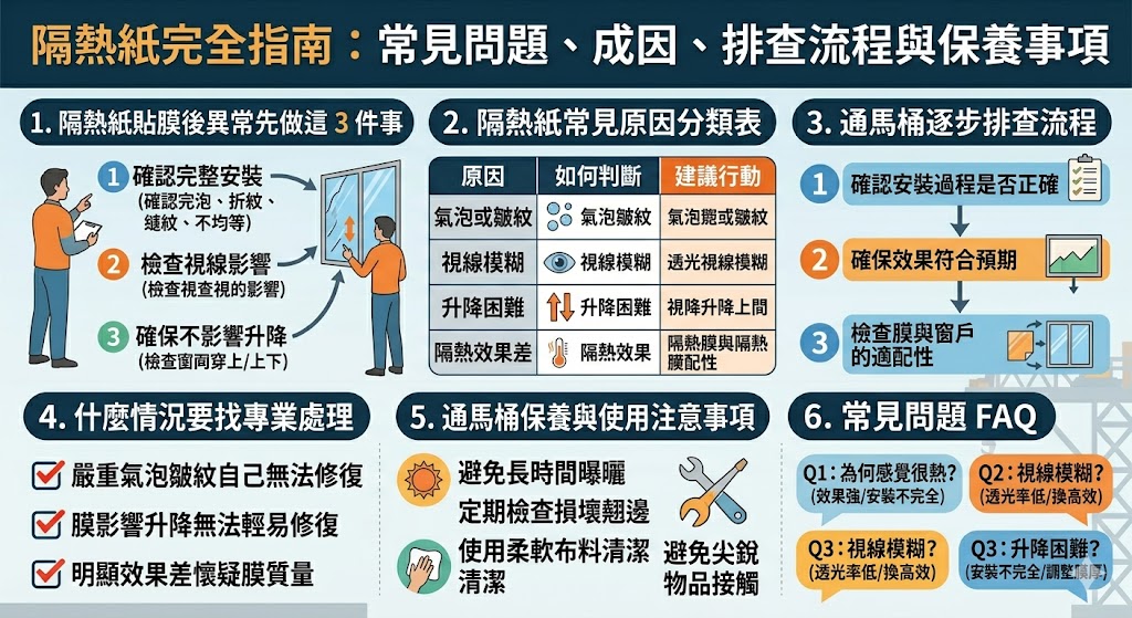 隔熱紙安裝後可能會遇到各種常見問題，如隔熱效果不足、視線模糊或窗戶升降困難。本文提供了針對隔熱紙安裝後問題的快速排查步驟，幫助讀者了解如何確保隔熱效果達到最佳，並避免安裝過程中的疏忽。無論是氣泡、皺紋，還是膜的選擇問題，都能夠在本篇文章中找到解決方案，讓你的隔熱紙發揮最大效用，提升生活舒適度。